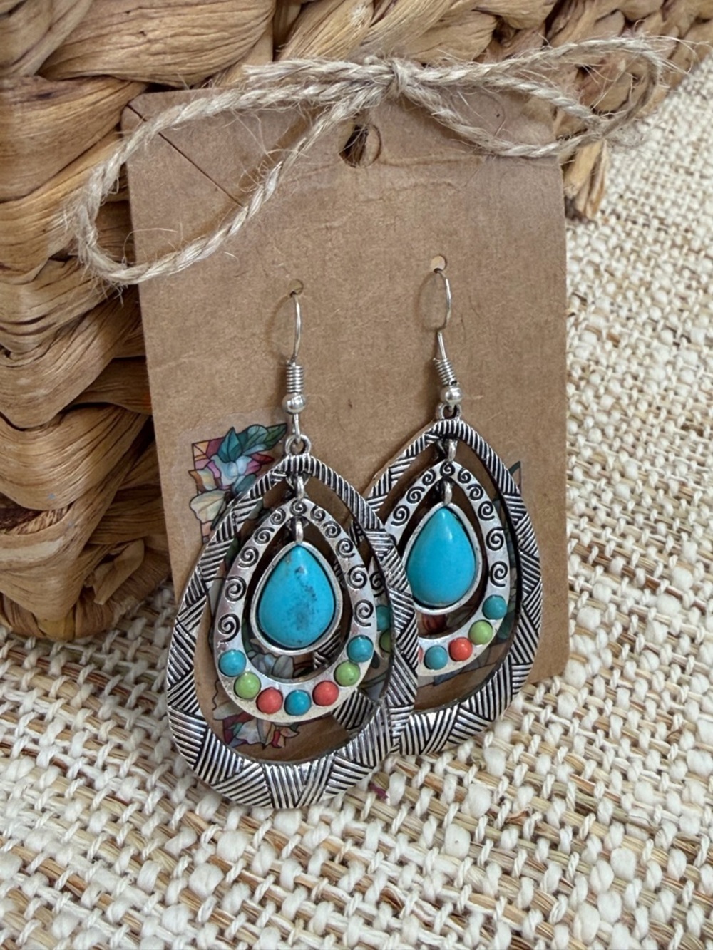 Boho Teardrop Turquoise Multicolor Stone Dangle Earrings - Picture 3 of 10